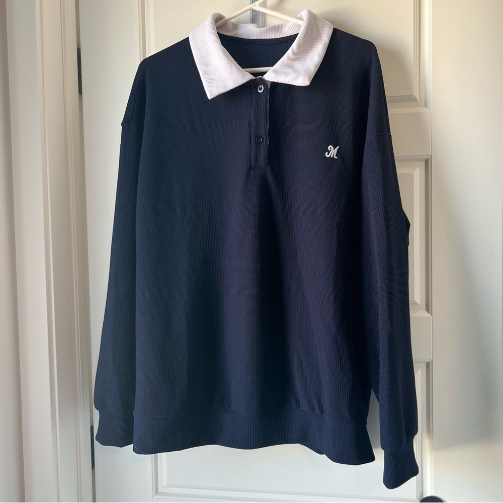 Dazy Waffle Knit Navy Polo Sweatshirt — Size‎ L